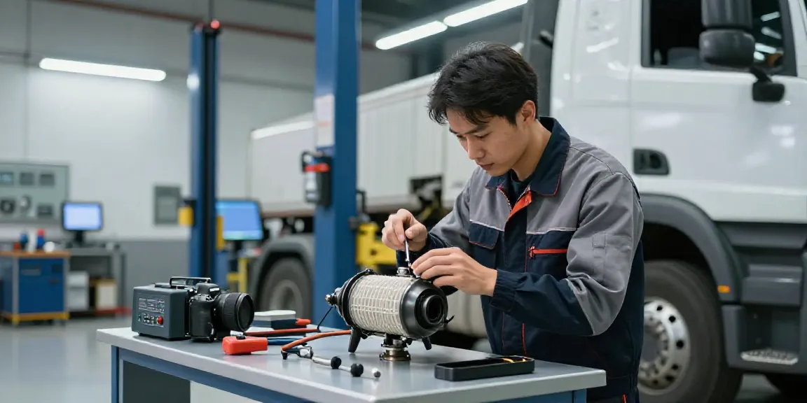 Technician performing dpf regeneration checks on a diesel truck in an automotive workshop.