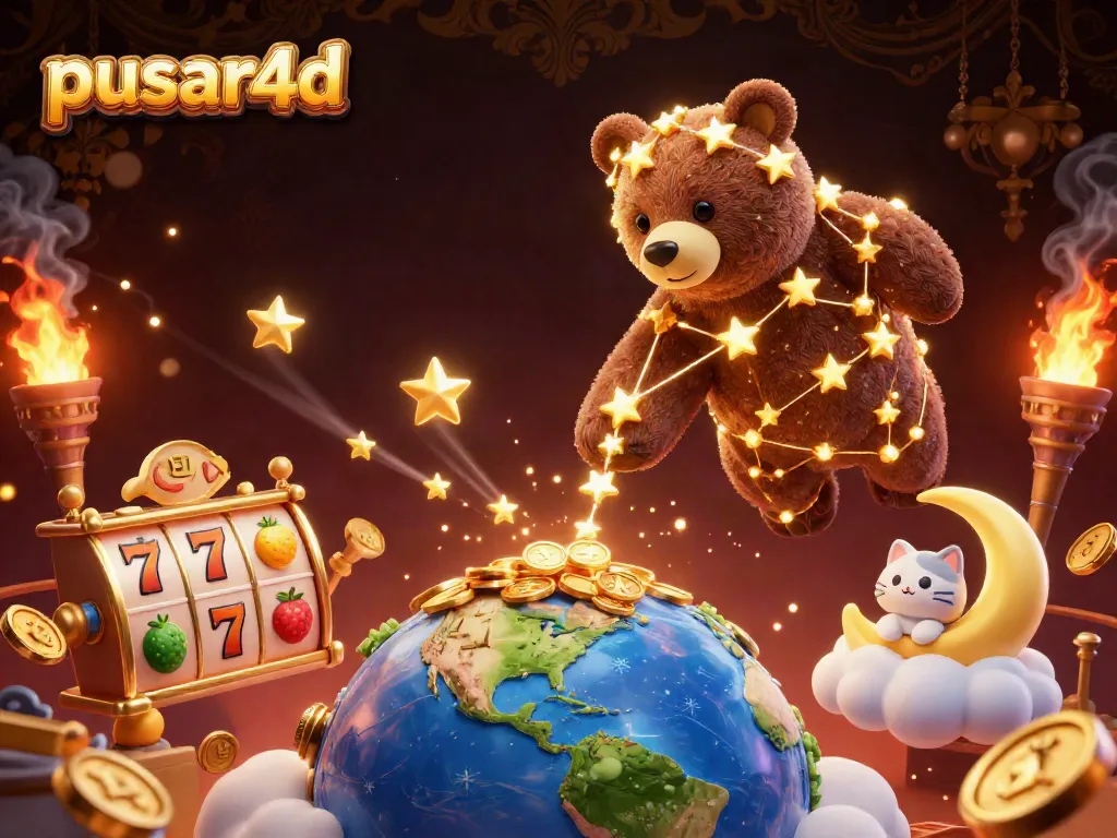 Pusar4d's illustrated journey shows a constellation bear scooping coins from Earth amidst vibrant slot game elements.