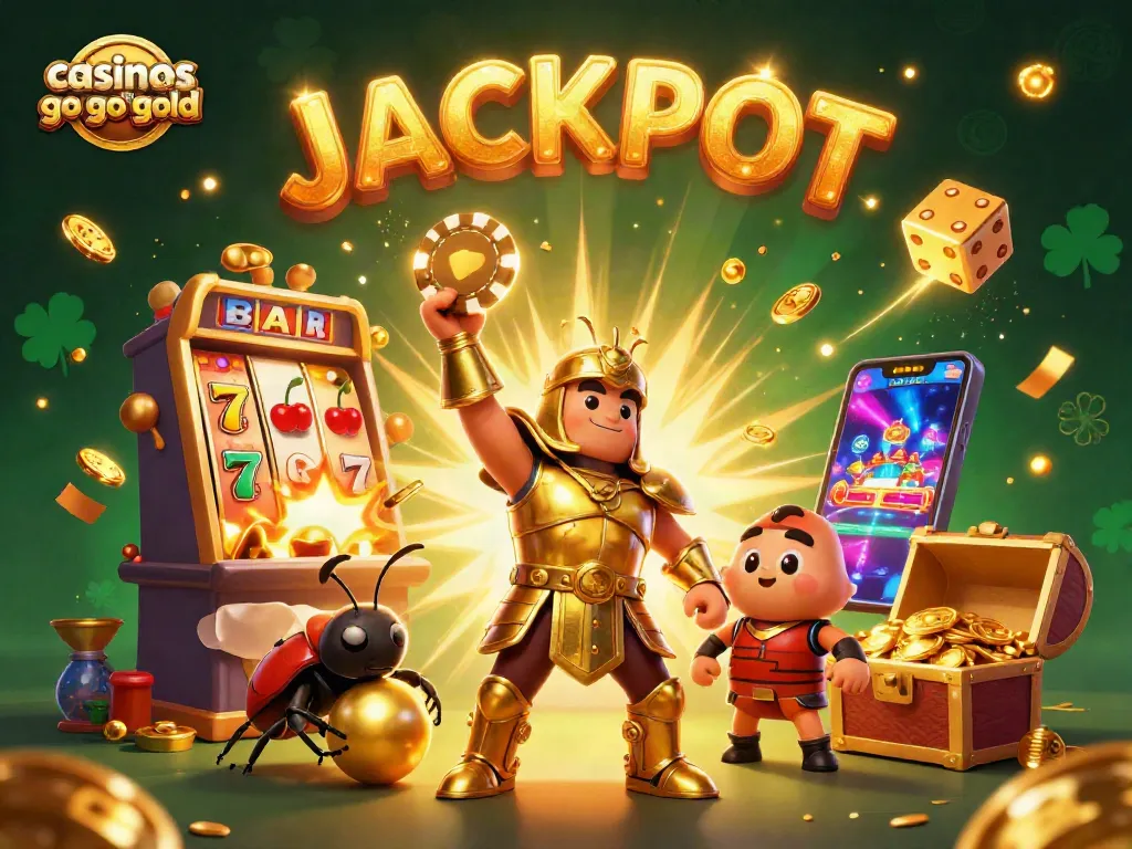 Engaging scene depicting casinos like go go gold, featuring vibrant characters, slot machines, and jackpots.