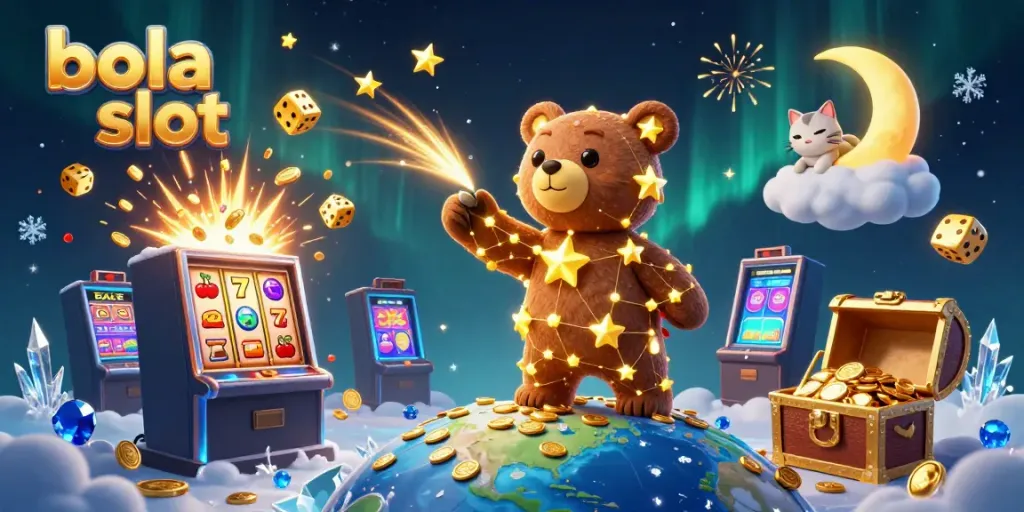 Engaging scene of bola slot with a constellation bear and a slot machine bursting with coins