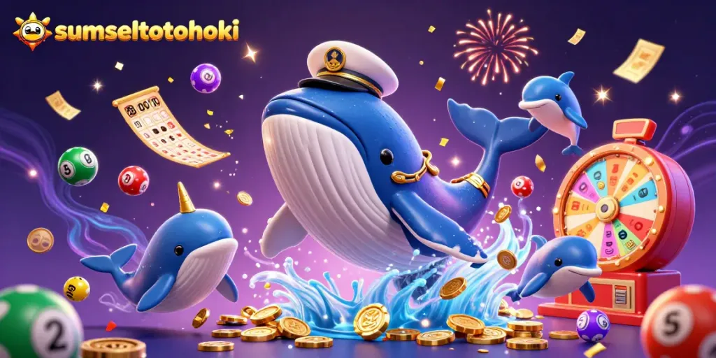 Experience the excitement of sumseltotohoki as a giant whale plays amidst vibrant lottery balls and festive elements.