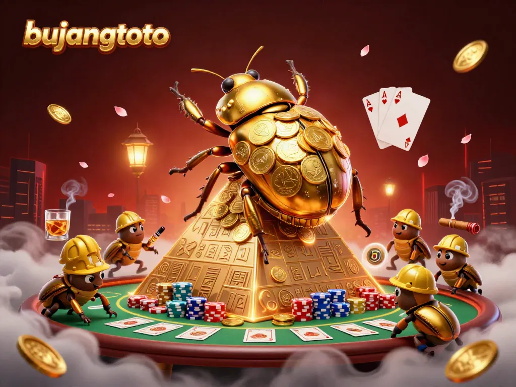 Engage with bujangtoto through an eye-catching 3D casino illustration featuring golden beetles and poker elements.